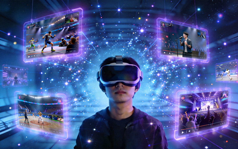 全景沉浸VR直播大厅概念图 - 一个用户戴着VR头显，身处一个充满星光和全息界面的虚拟空间中，周围有多个悬浮的直播画面