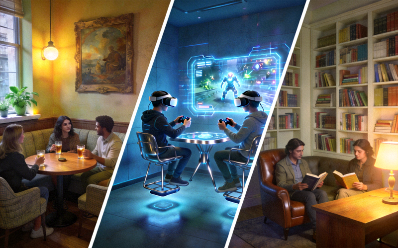 主题空间多元场景概念图 - 展示几个不同风格的虚拟房间：一个温馨的咖啡厅、一个充满未来感的游戏室、一个安静的书房，用户在其中社交